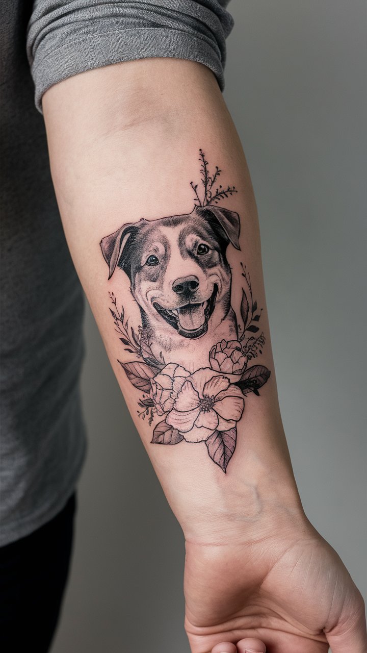 25 Minimalistic Dog Tattoos with Flowers to Inspire Your Next Ink
